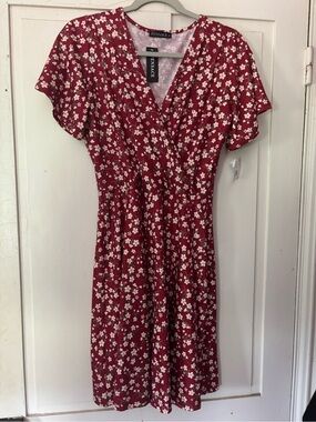 Fensace Red Floral Midi Dress with Wrap Front